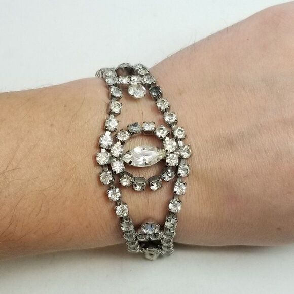 Vintage Rhienstone Bracelet, Silver Tone, Wide Circular Design, Retro 50s - Picture 1 of 8